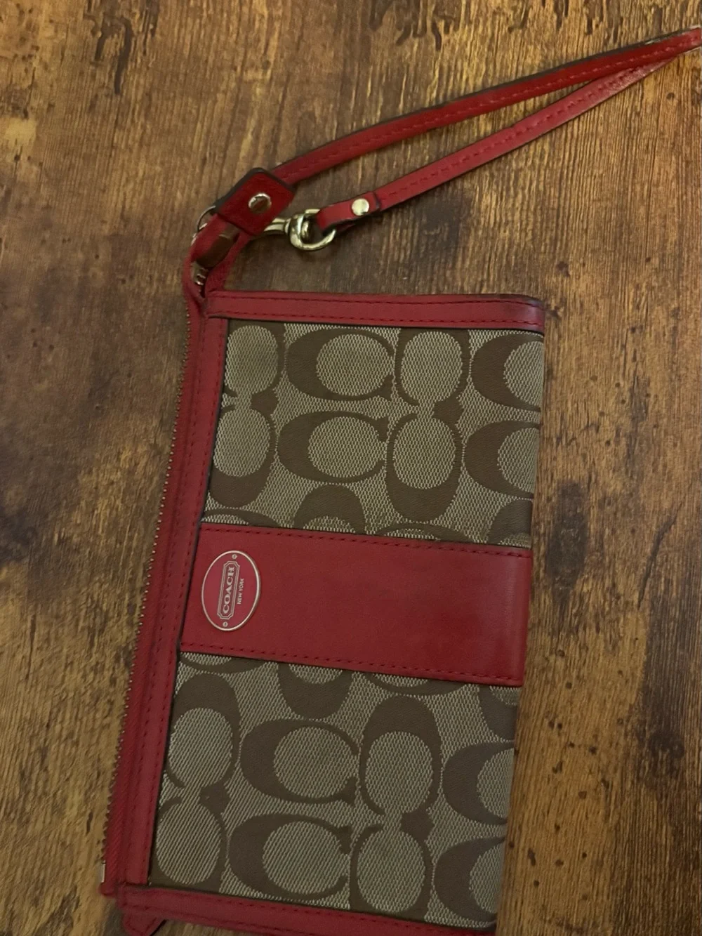 Coach Brown Signature Canvas Wristlet with Red Leather Trim